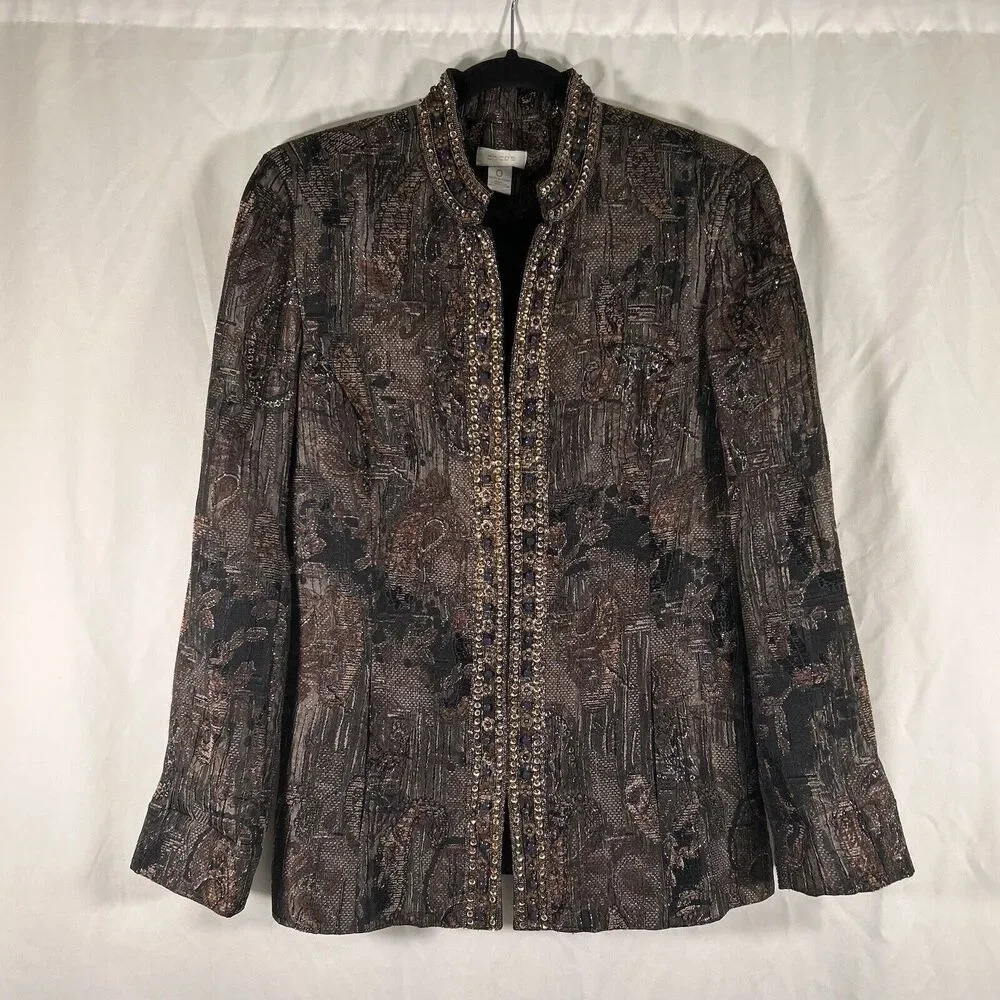 Chico's Jacket Women's Small Brown Textured Sequin Hook Eye Floral Blazer